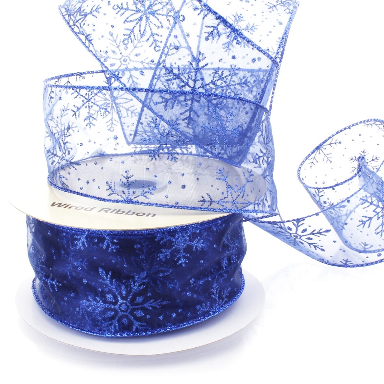 2 1/2" Wired Ribbon Glitter Snowflakes Sheer Royal Blue - 25 Yards